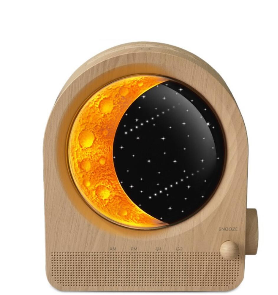 Lampa księżycowa z budzikiem, lampka nocna z 3 poziomami jasności, budzik z lampką dzienną, 10 dźwięków natury do stworzenia przytulnej atmosfery w sy