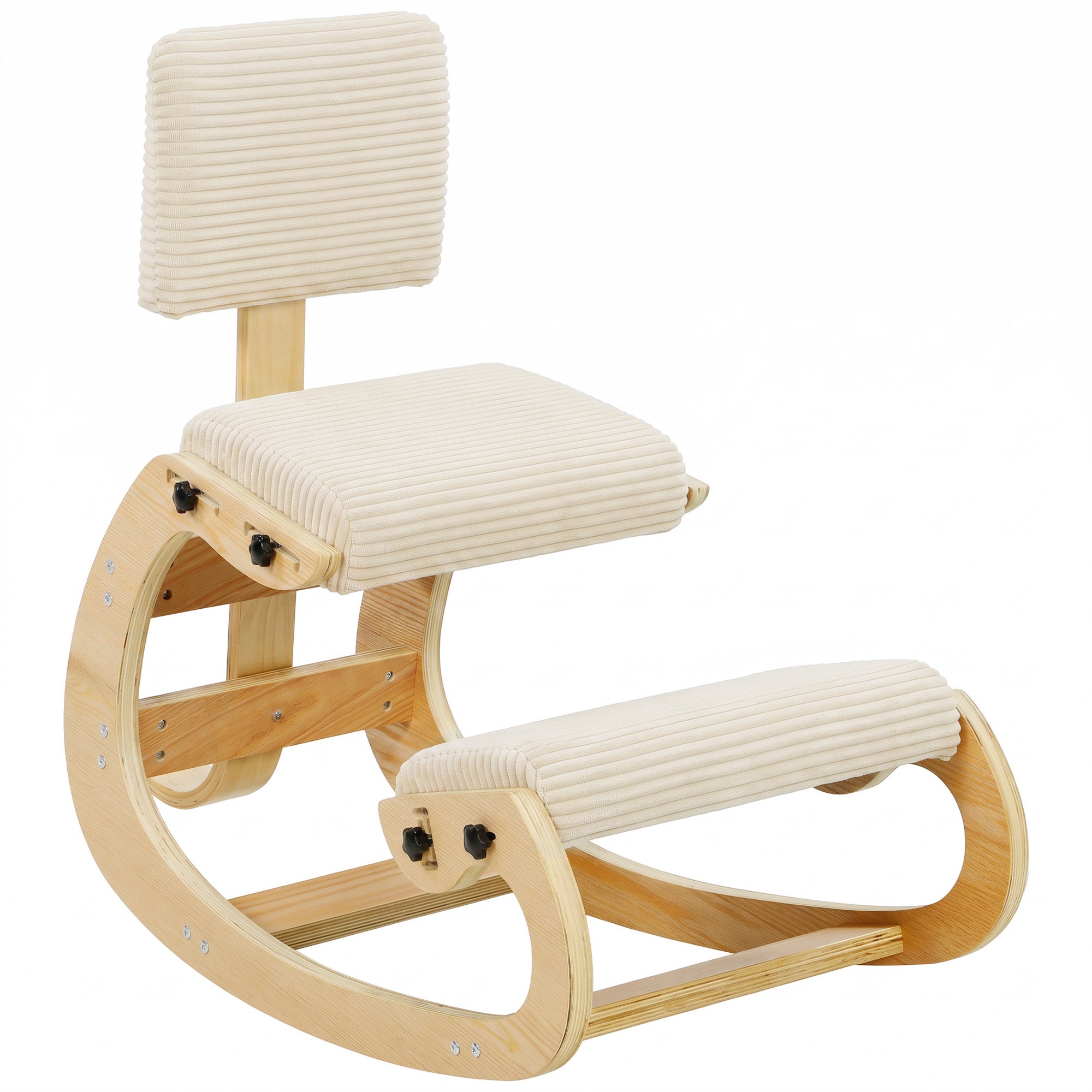 Ergonomiczny fotel klęczący z oparciem, wygląd sztruksu, kremowo-biały