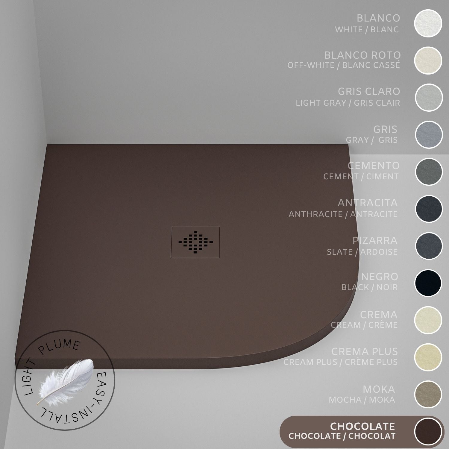 Półokrągły lekki brodzik prysznicowy SOULHOME z żywicy i wypełniaczy mineralnych, antypoślizgowy 90x90 cm Czekoladowy - Kratka ten sam kolor