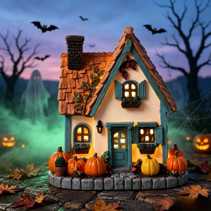 Dekoracja Halloween z Podświetlanym Domkiem Dyniowym, Ręcznie Malowana Żywica, Oświetlenie LED