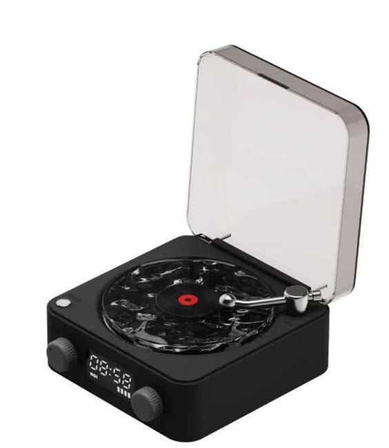 Głośnik Bluetooth w kształcie gramofonu, z wbudowanymi efektami dźwiękowymi oceanu i białym szumem, w stylu retro, ze światłem otoczenia i timerem.