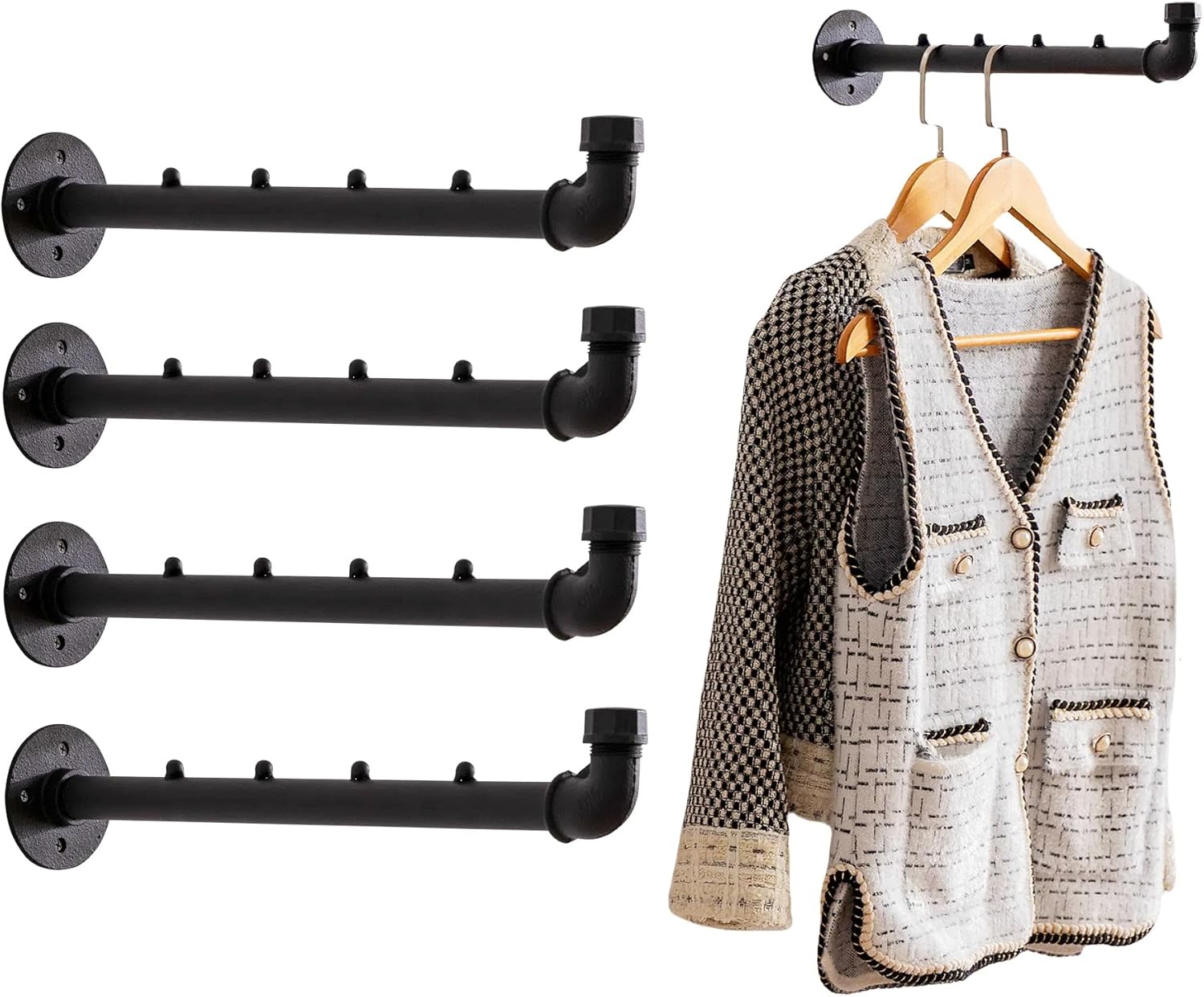 Wieszak ścienny w stylu industrialnym - Solidny metalowy wieszak z haczykami, wieszak ścienny, wieszak ścienny/drążek na ubrania, 4 sztuki, 40 cm