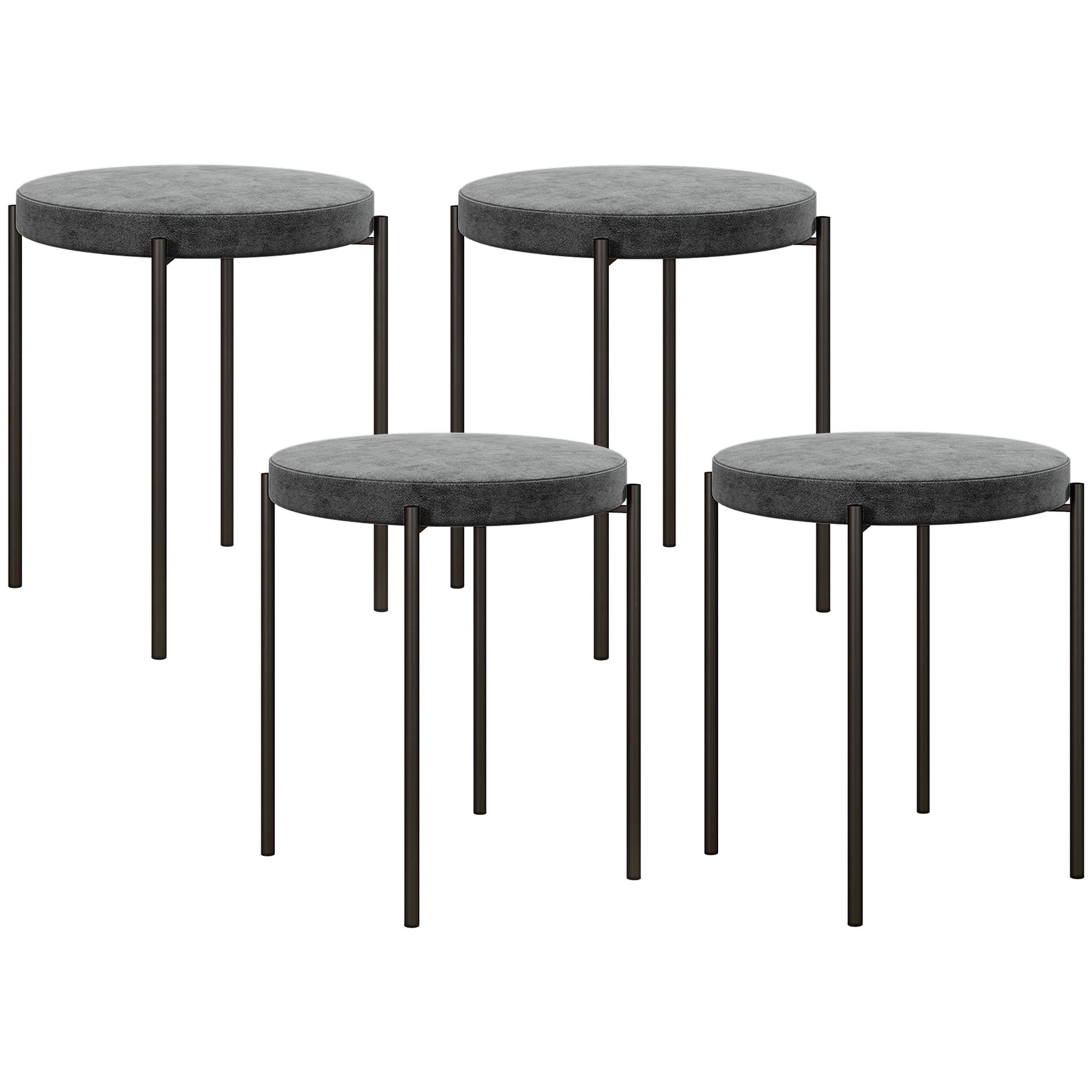 Hokery kuchenne, zestaw 4 szt., sztaplowane, welurowe, do 100 kg, rama stalowa, 41,5 x 41,5 x 46 cm, ciemnoszary