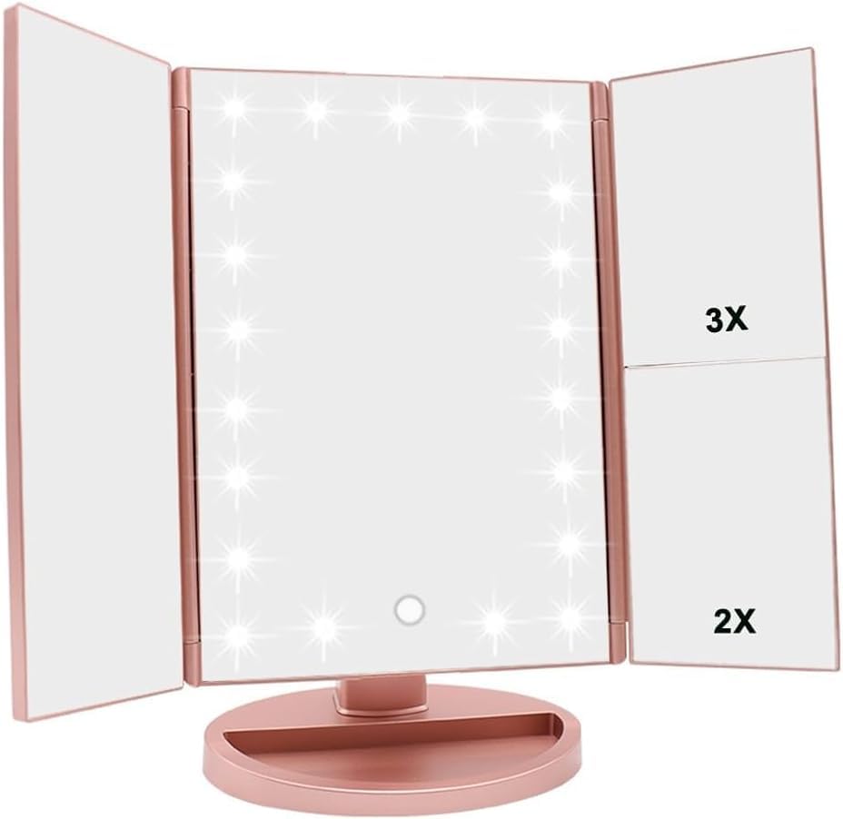 Lustro do makijażu z 21 diodami LED, regulowanym ekranem dotykowym i powiększeniem 1x/2x/3x, ładowalne lusterko podróżne (różowe)