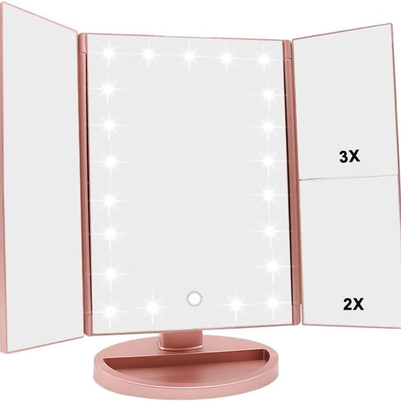 Lustro do makijażu z 21 diodami LED, regulowanym ekranem dotykowym i powiększeniem 1x/2x/3x, ładowalne lusterko podróżne (różowe)