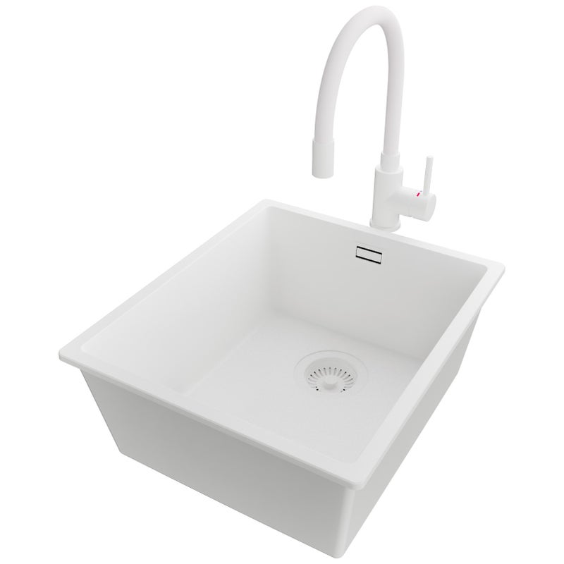 Zlewozmywak Granitowy Cały Biały 41x47cm, Zlew Kuchenny 1 Komorowy + Bateria 38x14cm + Syfon, Nablatowy do szafki od 45cm - Londyn Slim PRIMAGRAN