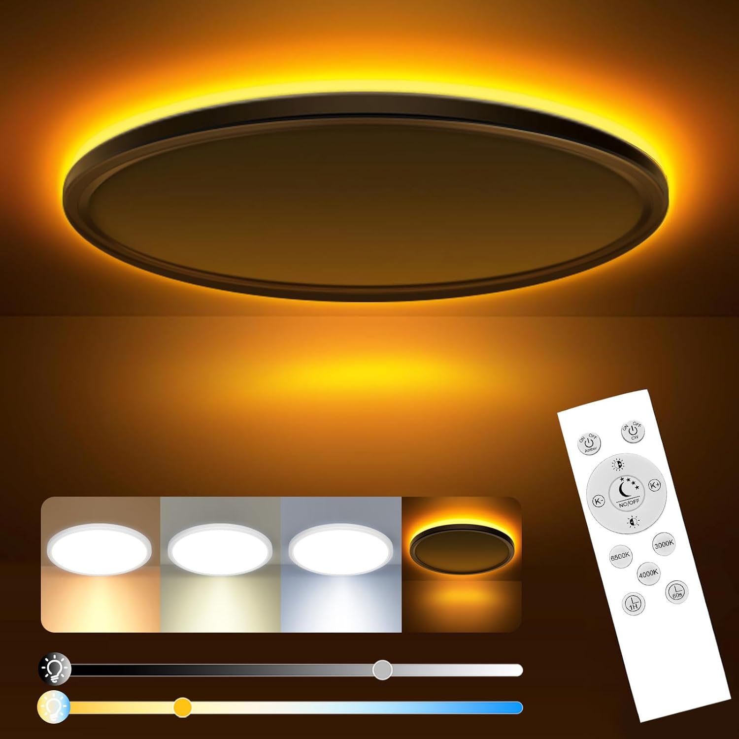 Dimmowalna lampa sufitowa LED, lampa sufitowa 24W 2800LM z pilotem, 1800K ciepła nocna lampka, 3000K-6500K okrągłe oświetlenie sufitowe Ø30CM