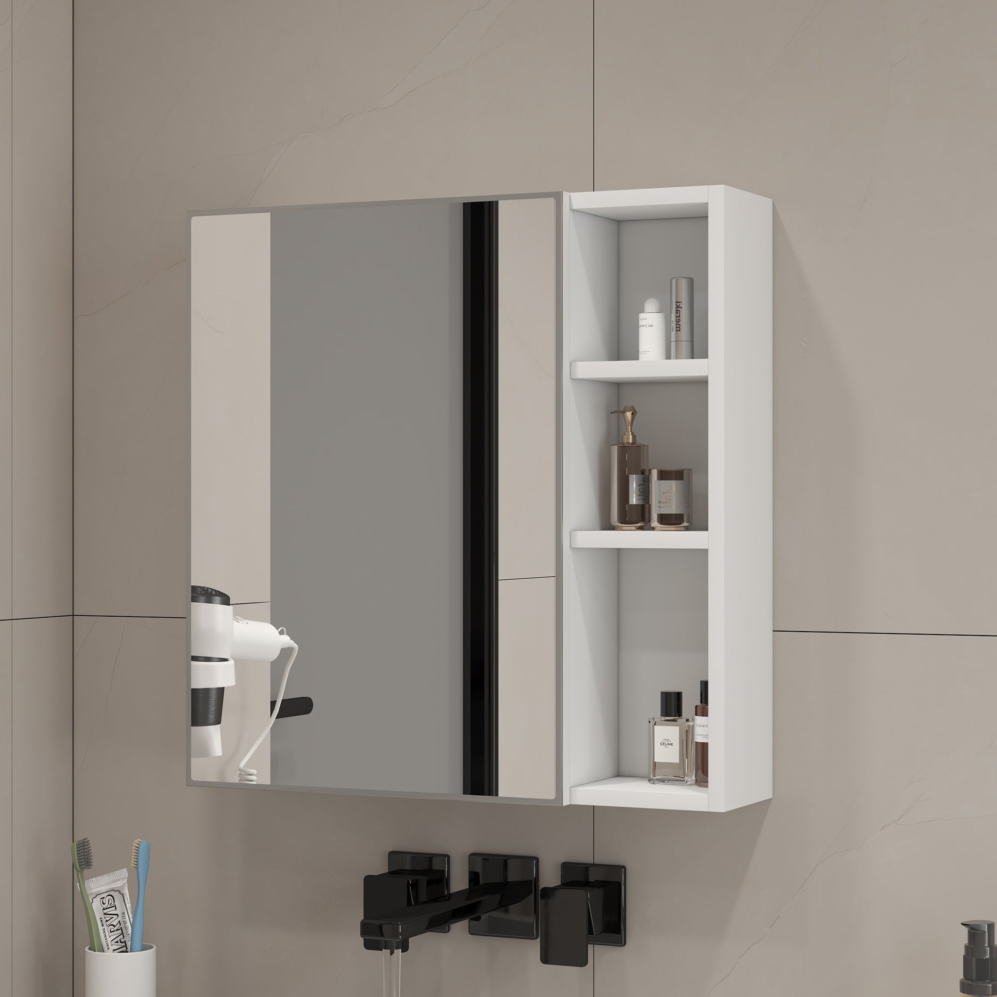 Szafka łazienkowa 55 x 13 x 56 cm, z oświetleniem LED, z miejscem do przechowywania, biały, szkło oraz MDF