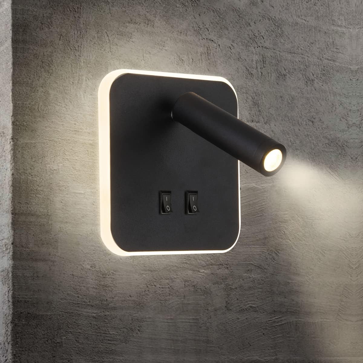 Czarna kwadratowa lampka nocna LED, reflektor obrotowy, lampka stołowa ze stopu aluminium, ciepłe światło 3000K (3W+8W)