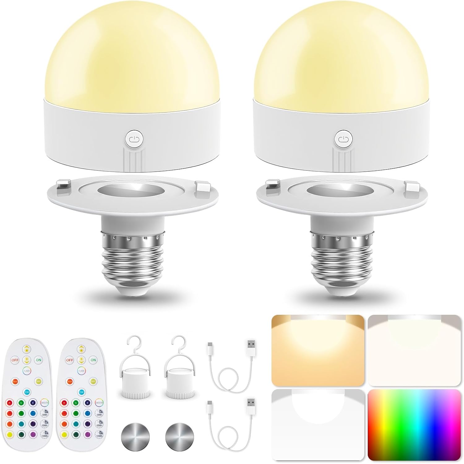 Żarówki akumulatorowe E26 z pilotem, konstrukcja magnetyczna,3 temperatury barwowe + 9 kolorów RGB, ściemnialne, opakowanie 2 szt.