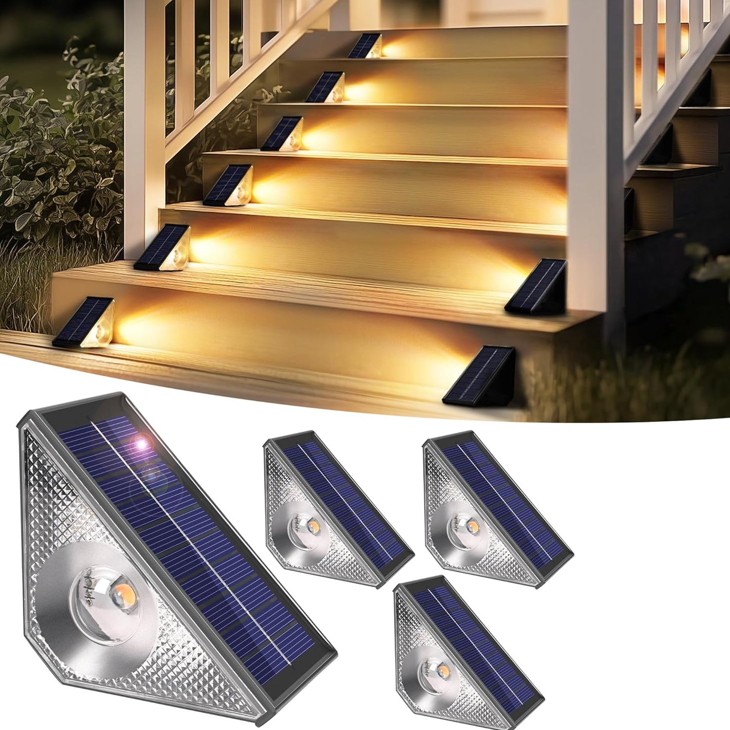 Zestaw 4 wodoodpornych lamp solarnych LED do użytku na zewnątrz, idealnych do oświetlania schodów, stopni, ogrodzeń, ogrodów, tarasów, rynien.