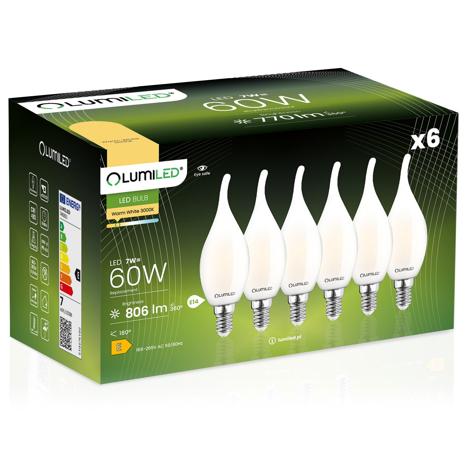 6x Żarówka Lumiled LED E14 Świeczka BA35 7W = 60W 806lm 3000K Ciepła 360st