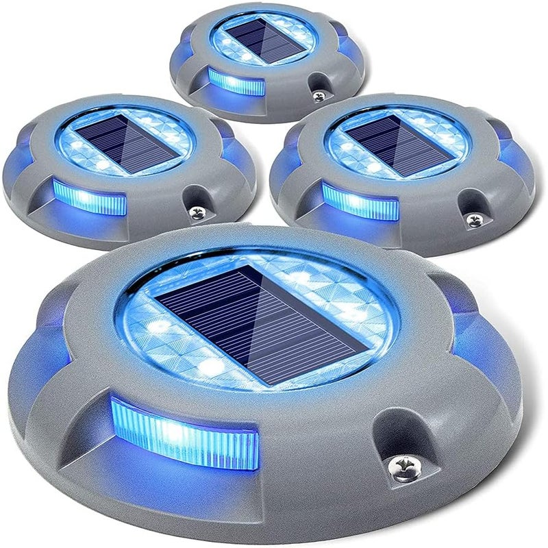 Zestaw 4 wodoodpornych lamp solarnych LED na taras, podjazd, do ogrodu, na pomost lub podwórko (niebieskie)