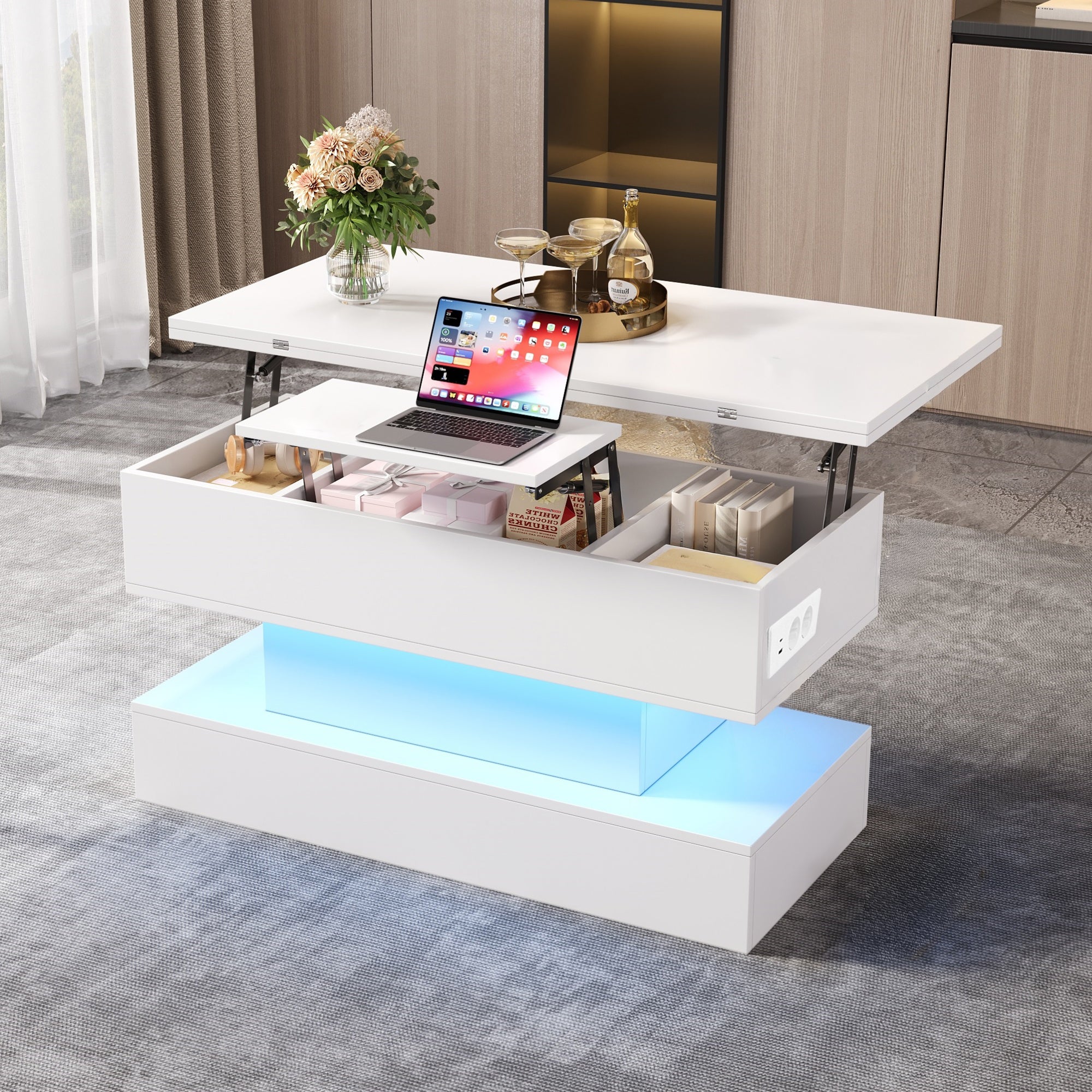 Stolik kawowy 100*50*51, wielofunkcyjny stolik do salonu z diodami LED, 5cm z gniazdkiem, gniazdem ładowania USB-C i USB