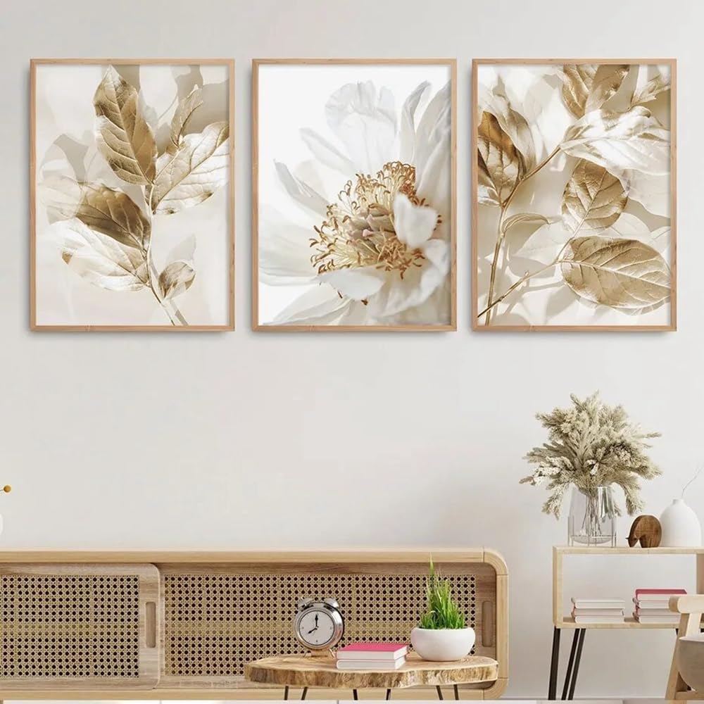 30 x 40 cm - Beż i złoto - Wydruk na płótnie - Wzór kwiatowy - Nowoczesny - Liść botaniczny - Wydruk na płótnie - Sztuka ścienna - Bez ramy