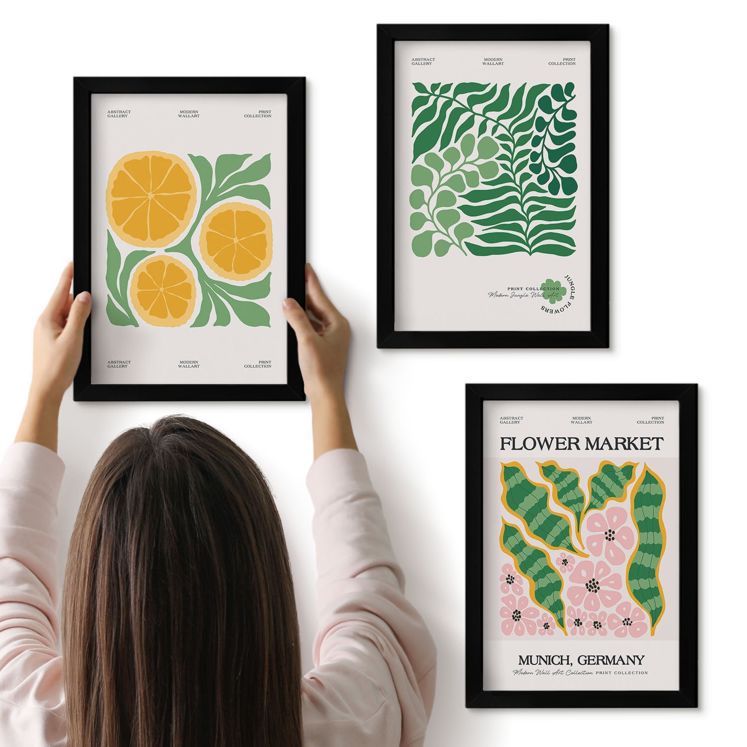Galeria ścienna 3-częściowy komplet obrazów w czarnych ramach - Motywy owocowe i roślinne w pastelowych kolorach postery - ArtPrintCave
