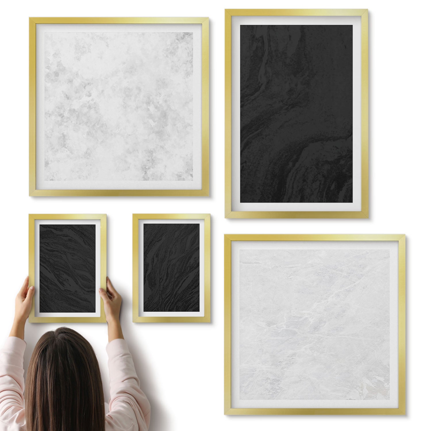 Galeria ścienna 5-częściowy komplet obrazów w złotych ramach - Ciemne i jasne marmury eleganckie tekstury w stylu glamour - ArtPrintCave