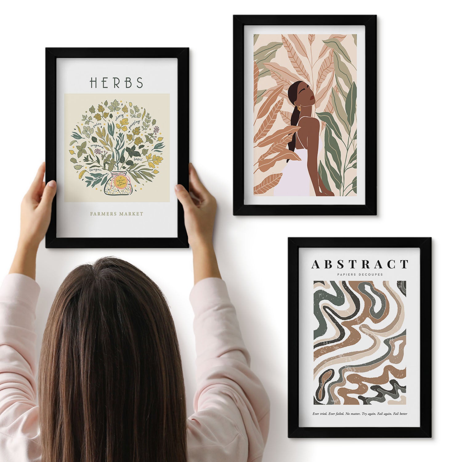 Galeria ścienna 3-częściowy komplet obrazów w czarnych ramach - Estetyka boho pastelowe minimalistyczne postery - ArtPrintCave