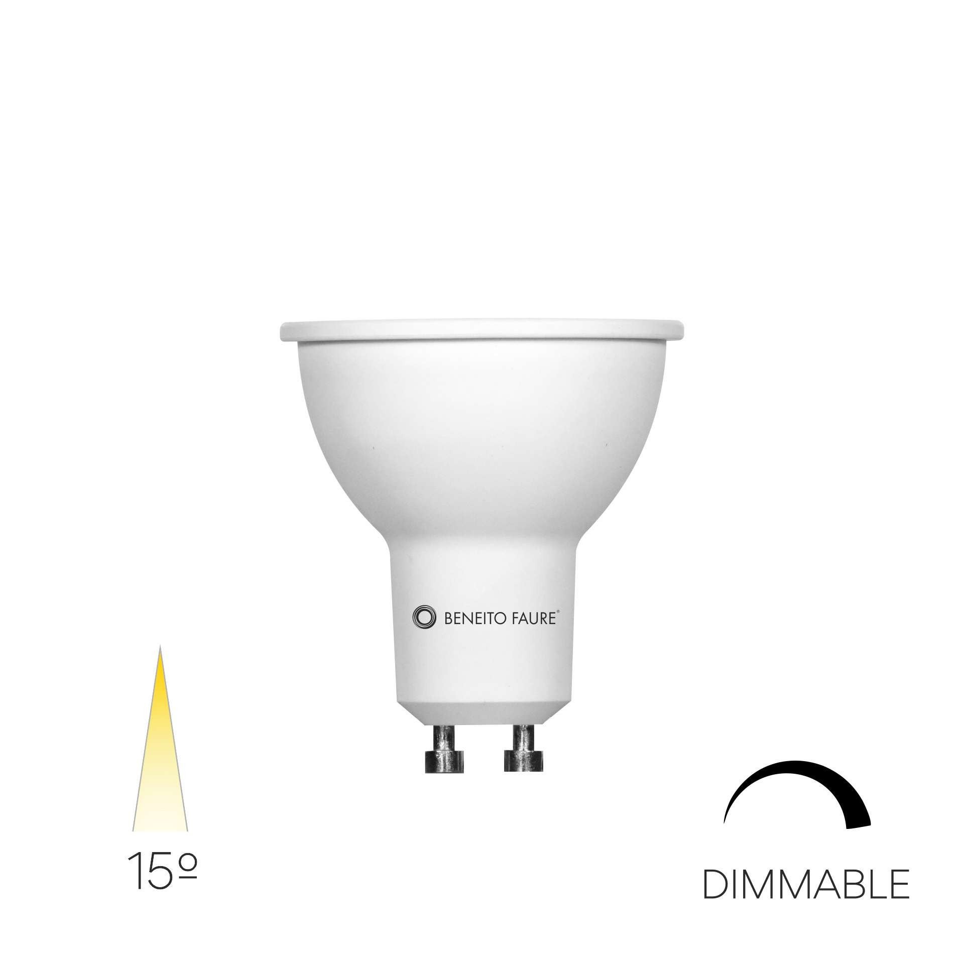 Żarówka LED GU10 7W 15º dichroiczna, wąska, ściemnialna, CRI>80, 2700K, 400lm, ściemnialna, triak, kolor biały – seria retrofitowa Beneito & Faure