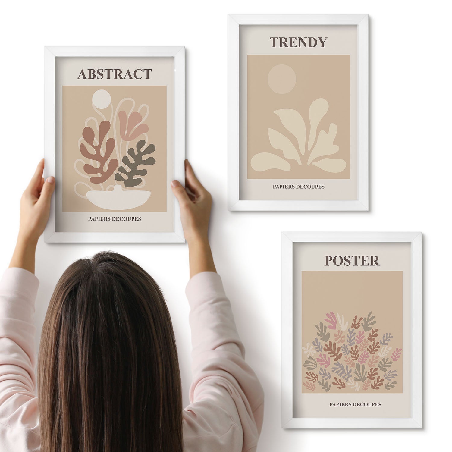 Galeria ścienna 3-częściowy komplet obrazów w białych ramach - Roślinne motywy w odcieniach beżu i brązu postery - ArtPrintCave