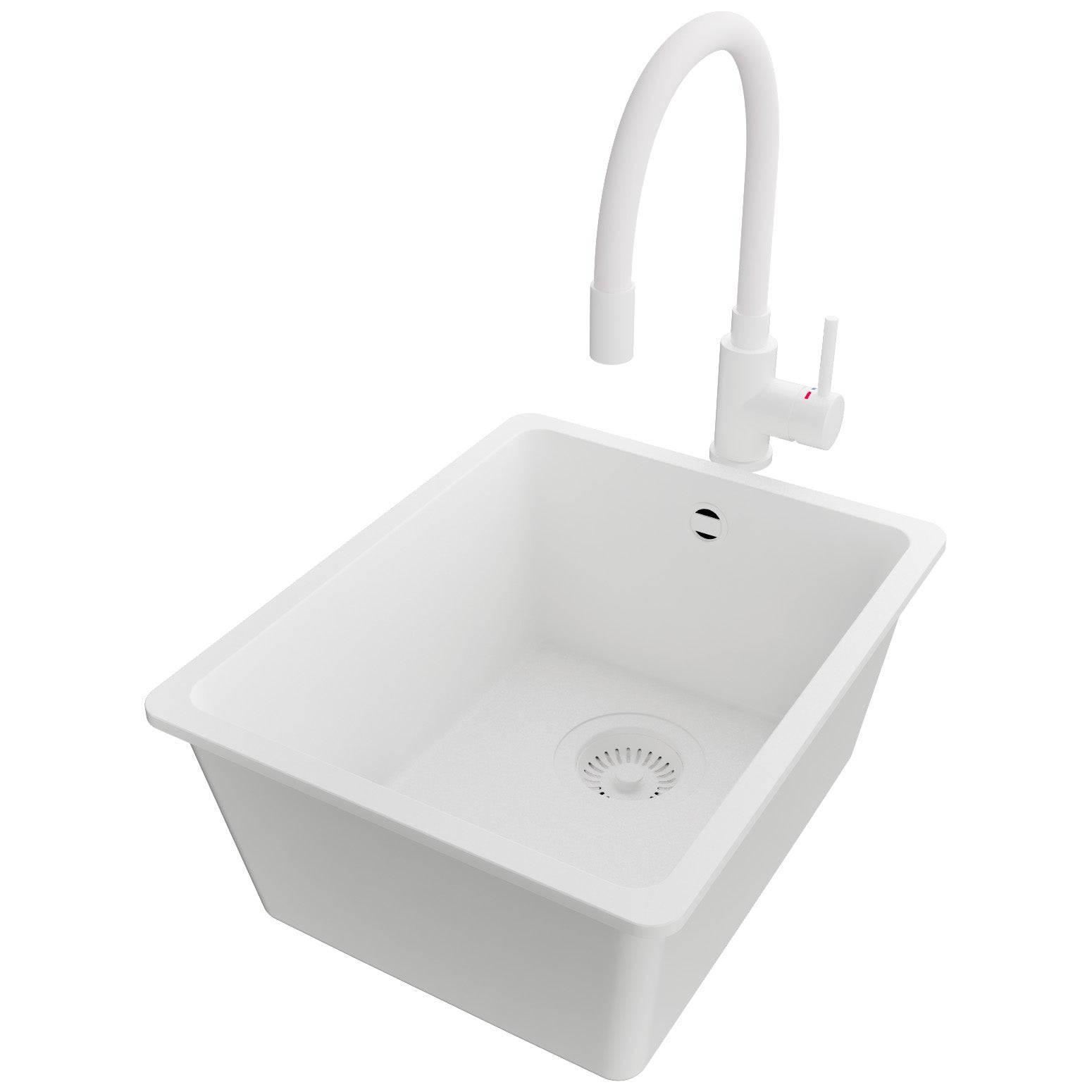 Zlewozmywak podblatowy Cały Biały 36x44cm, Zlew Kuchenny 1 Komorowy + Bateria 38x14cm + Syfon, do szafki od 40cm - Wenecja Easy PRIMAGRAN