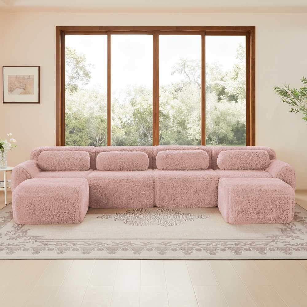 Ultrawygodna modułowa sofa w kształcie litery U z aksamitną tkaniną, pianką o wysokiej sprężystości i poduszkami w zestawie do salonu
