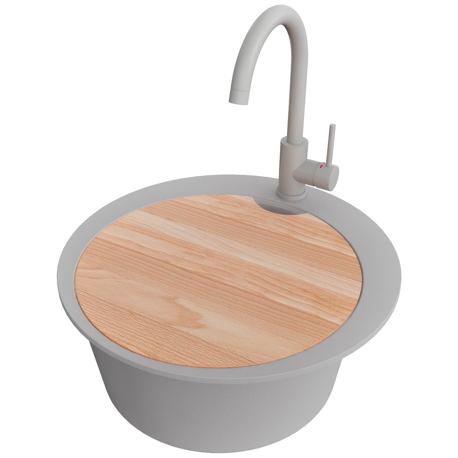 Zlewozmywak Granitowy Okrągły Szary 50x50cm, Zlew Kuchenny 1 Komorowy + Bateria 32x20cm + Syfon + Deska, Nablatowy do szafki od 45cm - Piza PRIMAGRAN