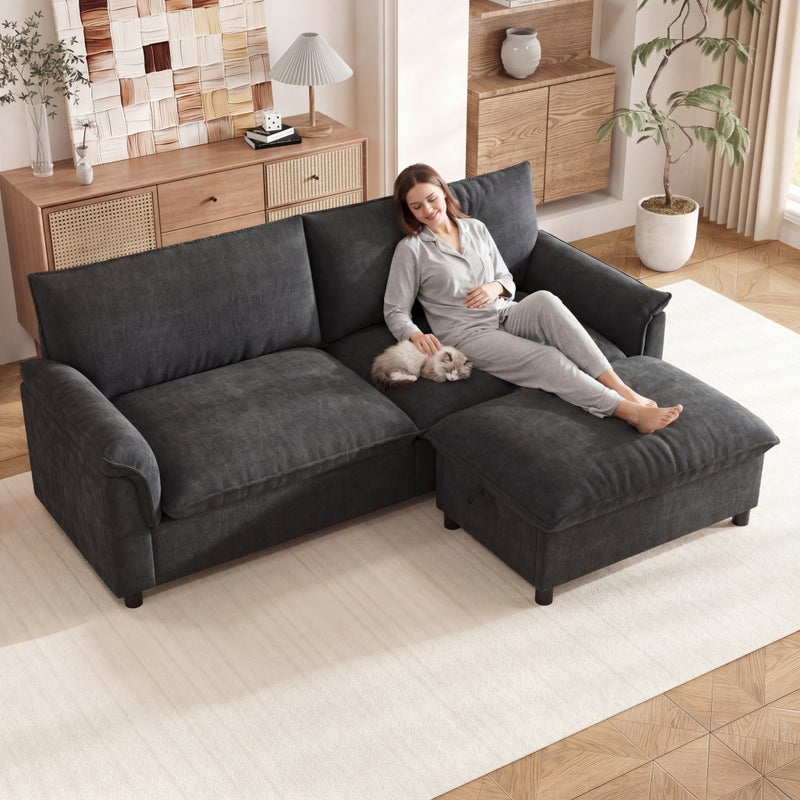 Sofa 2-osobowa z podnóżkiem ze schowkiem - 216 x 77 x 82 cm - Szenil, lite drewno i metal - Czarny
