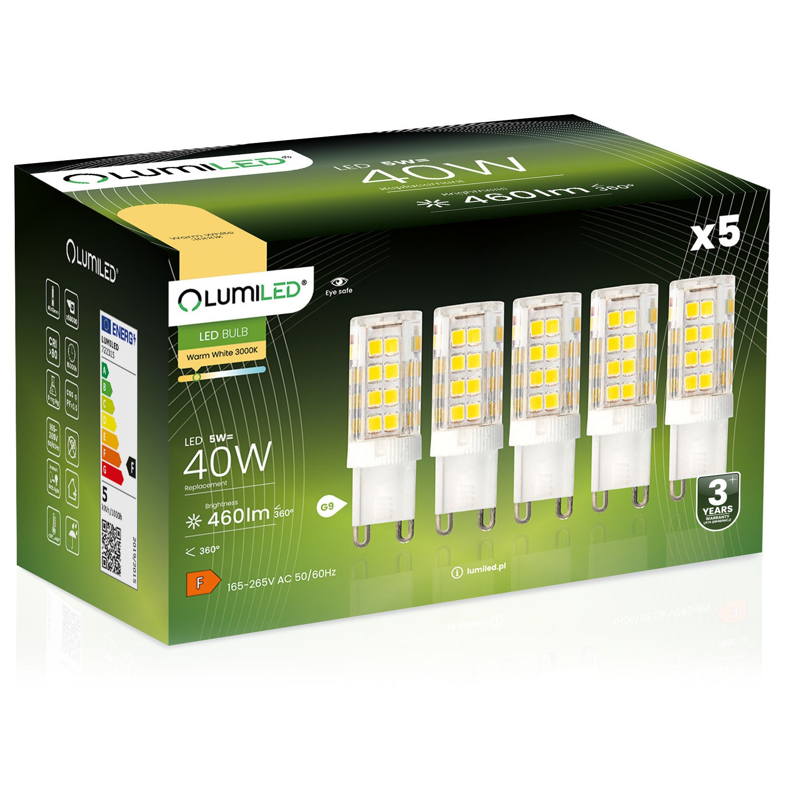 5x Żarówka Lumiled LED G9 Kapsułka 5W = 40W 460lm 3000K Ciepła 360st