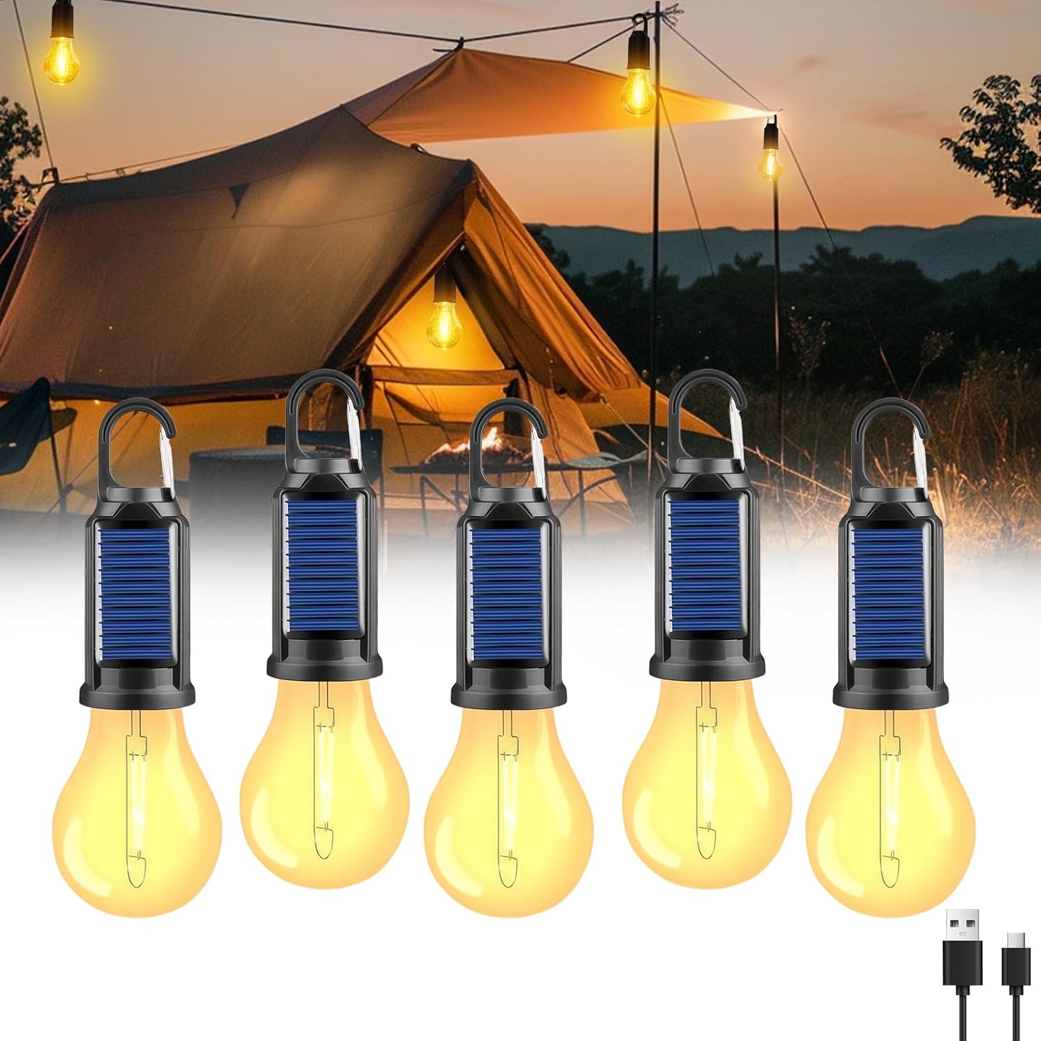Akumulatorowa lampa kempingowa zasilana energią słoneczną (opakowanie 5 sztuk), przenośna lampa kempingowa na zewnątrz, 3 tryby oświetlenia, IPX3.