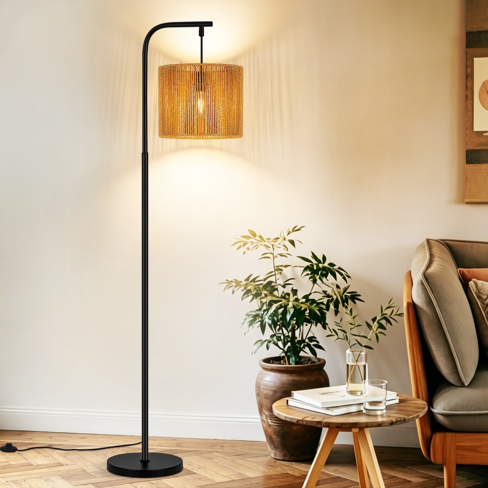 Lampa podłogowa Nettlife Boho Black Arc z kloszem linowym, trzonkiem vintage E27, przełącznikiem nożnym, 164 cm, do salonu, sypialni, patio, biura