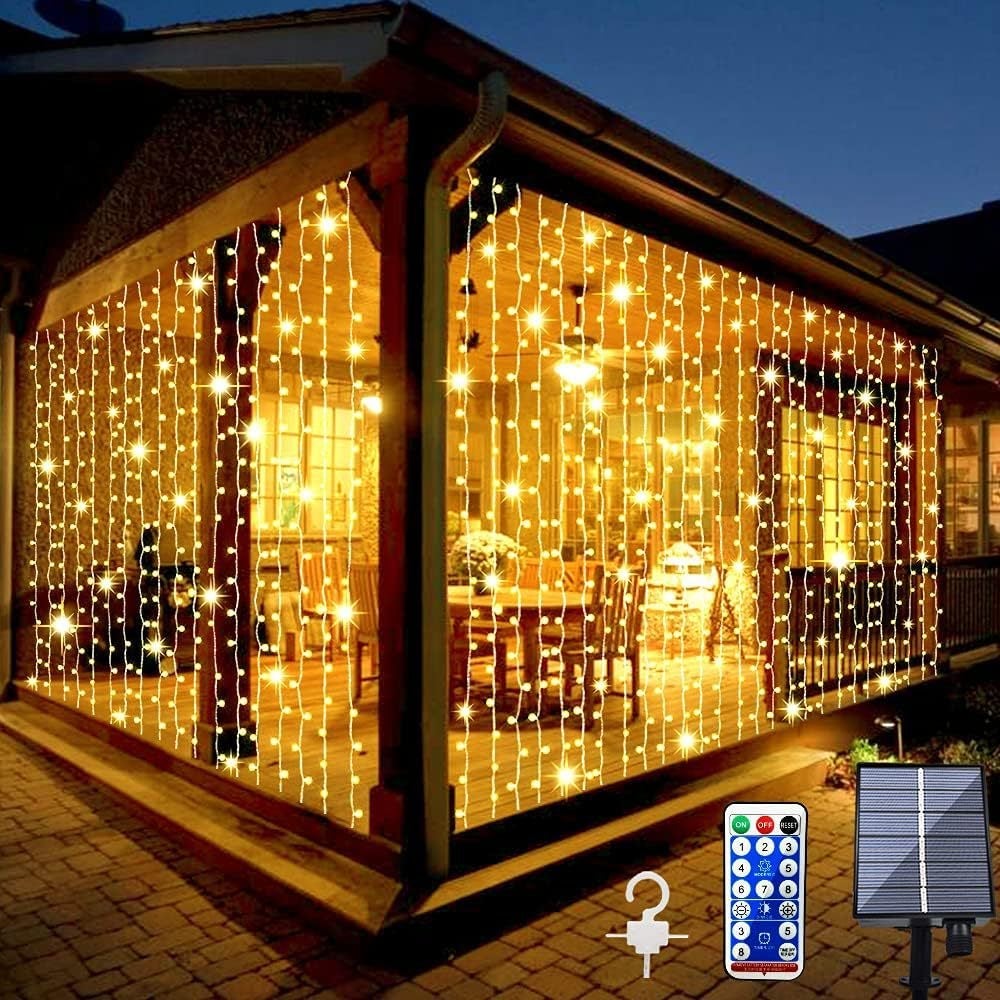 Zewnętrzna słoneczna kurtyna świetlna, 3 x 2 m, 200 diod LED, kurtyna świetlna z 8 trybami pilota, wodoodporna słoneczna girlanda kaskadowa