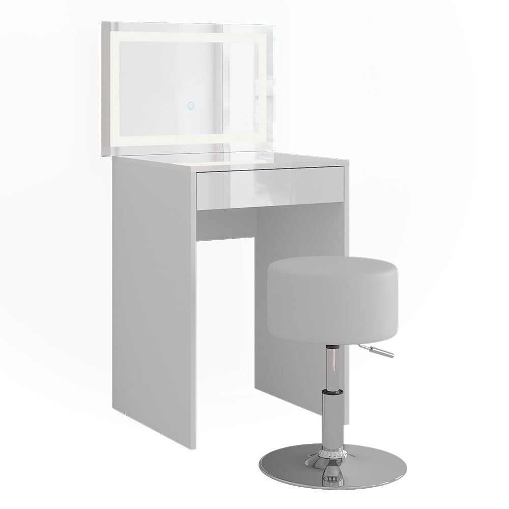 Vicco Stół do toalety Sherry, Biały/Biały wysoki połysk, 51.4 cm z lustrem LED i stołkiem