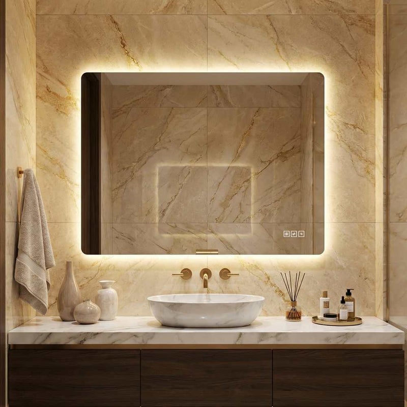 Lustro bezramowe LED 60x80cm, podświetlane, przeciwmgielne, ściemnialne, 3 kolory, pamięć, poziome/pionowe