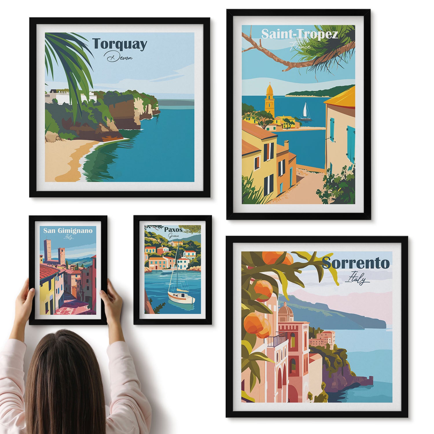 Galeria ścienna 5-częściowy komplet obrazów w czarnych ramach - Krajobrazy nadmorskich miasteczek europejskich - ArtPrintCave