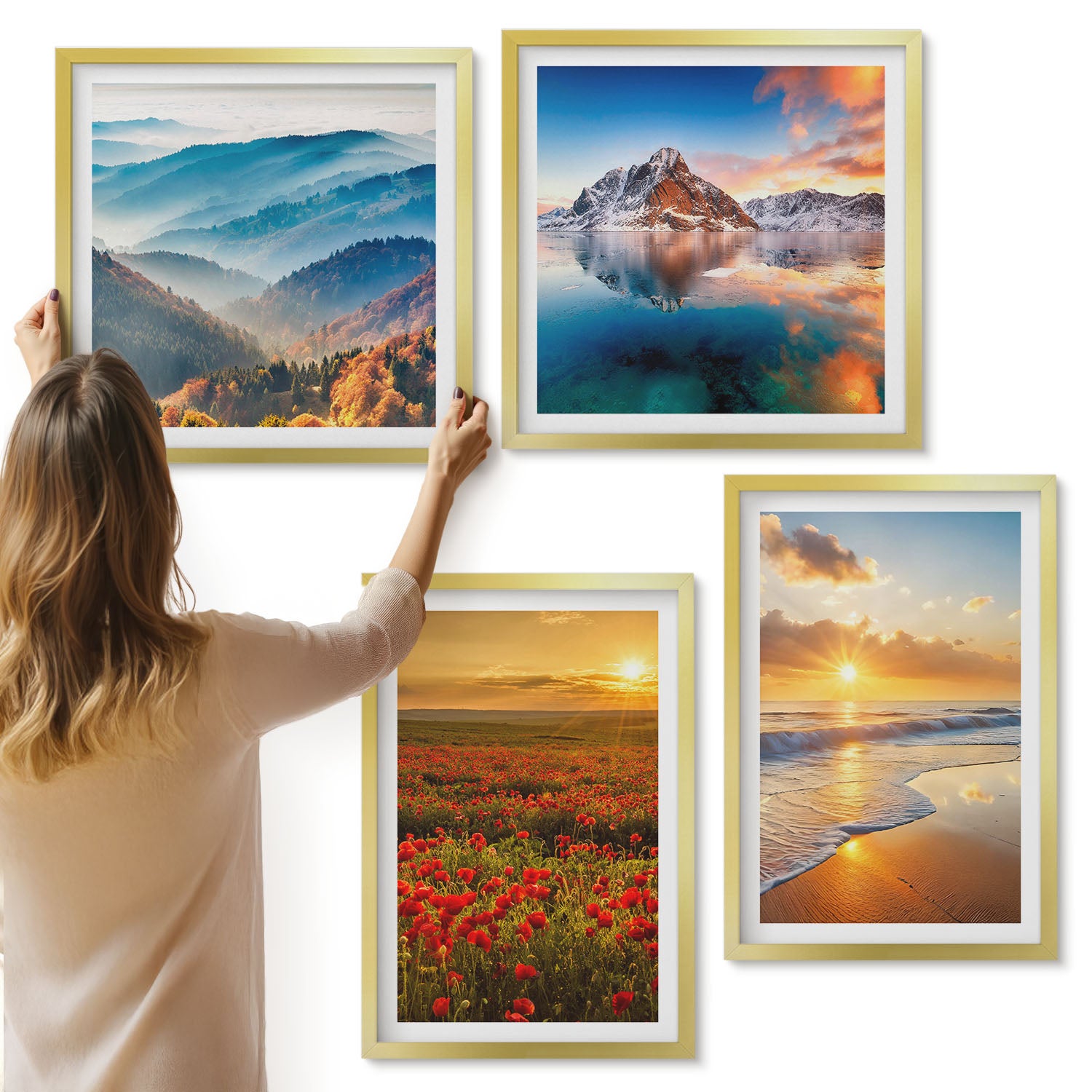Galeria ścienna 4-częściowy komplet obrazów w złotych ramach - Krajobrazy górskie i nadmorskie z zachodem słońca - ArtPrintCave