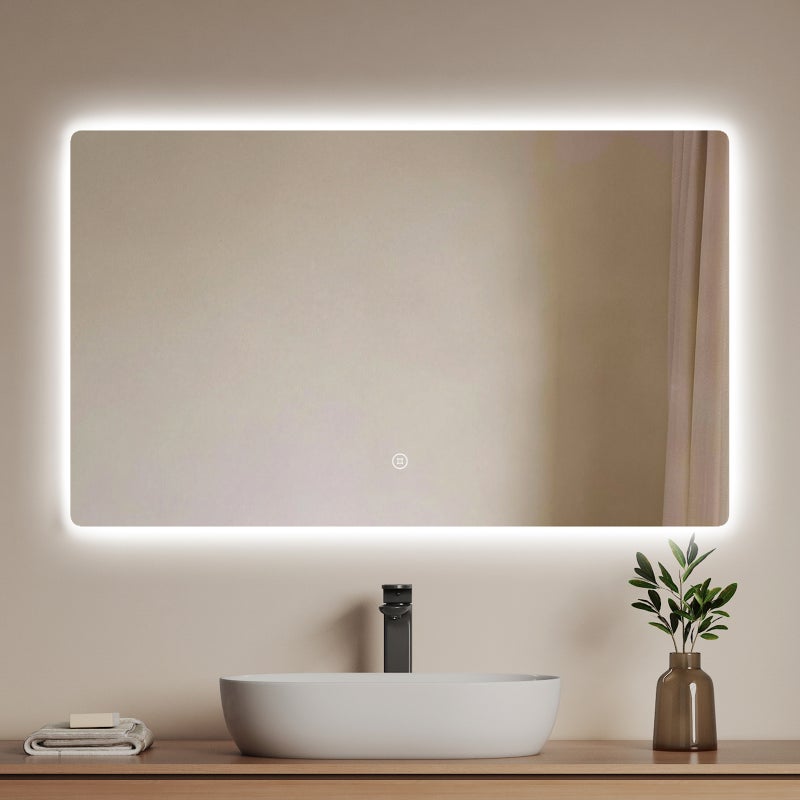 EMKE Lustro łazienkowe z oświetleniem LED 100x60 cm, z 6500K, możliwość ściemniania, funkcja pamięci, przełącznik dotykowy, IP44, bezramowe