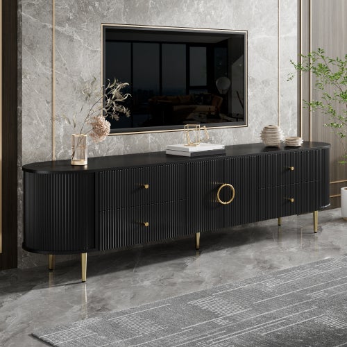 Stolik pod TV 180x40x38 cm - 4 szuflady i 2 drzwi - Owalny kształt - Falista faktura 3D - Nogi żelazne - Płyta MDF - Czarny