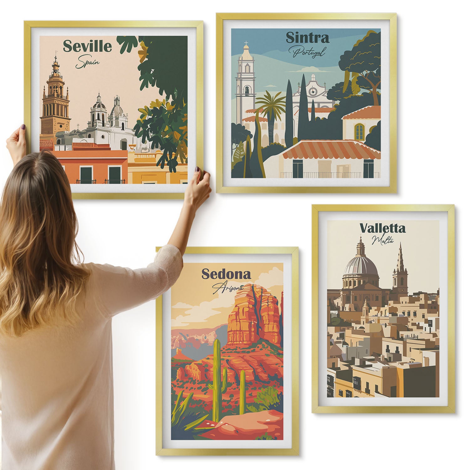 Galeria ścienna 4-częściowy komplet obrazów w złotych ramach - Widoki miast Sedona Sintra Seville Valletta w stylu retro - ArtPrintCave