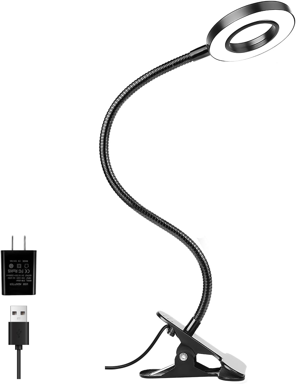 Czarna lampka na klips: adapter 5V/2A, 10 poziomów jasności, 3 tryby. Do czytania/biura/rzemiosła/na stolik nocny