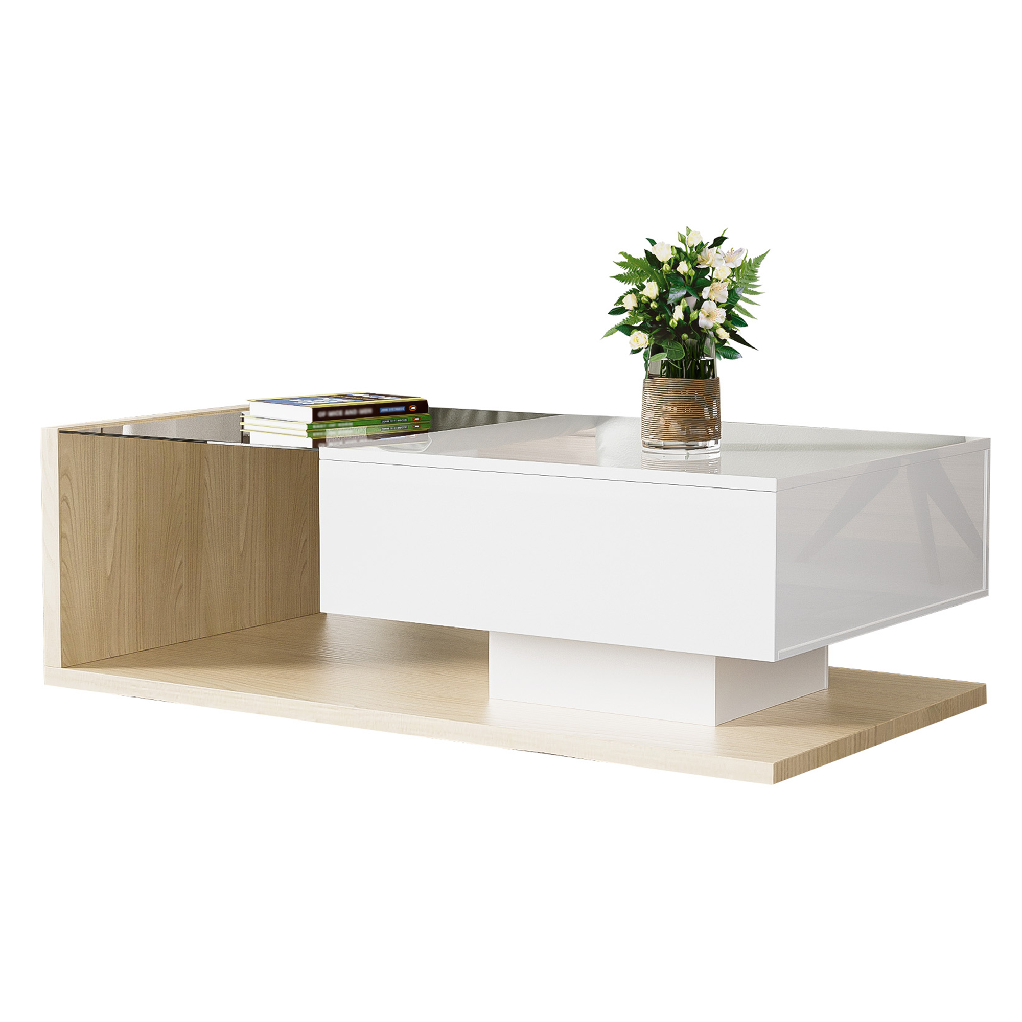 Couchtisch - Holztöne i biały lustrzany - 105x55x32,5cm - szuflada - LED - szkło