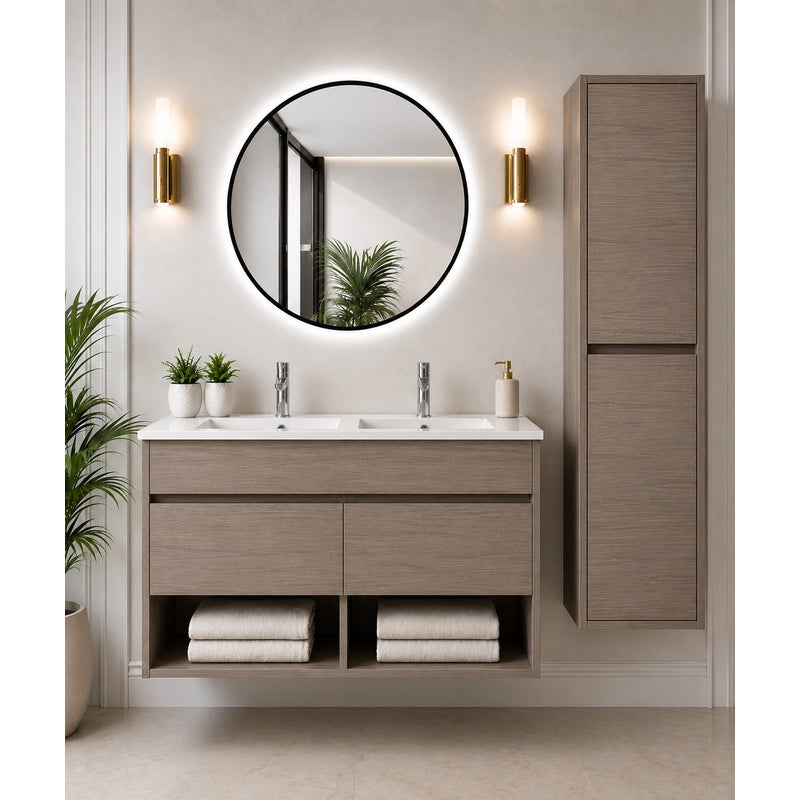 Wisząca szafka łazienkowa z umywalką ORIGENBATH NEBARI z drzwiami z kolumną 120x45 cm podwójna umywalka dąb smoky z kolumną