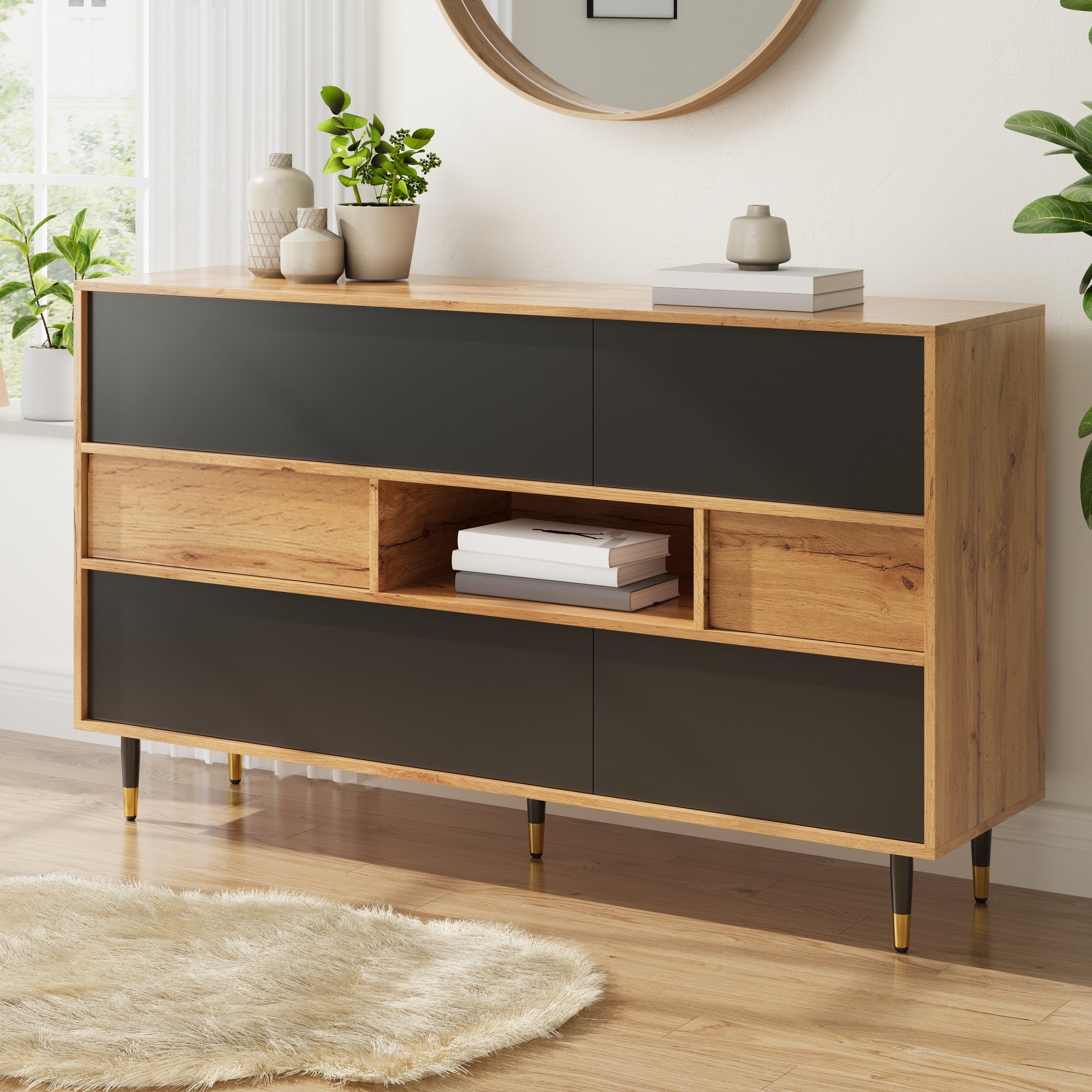 Komoda wielofunkcyjna z 2 szufladami i 4 drzwiami - Płyta wiórowa i MDF - 140 × 40 × 84,5 cm - Drewno naturalne + kolor czarny