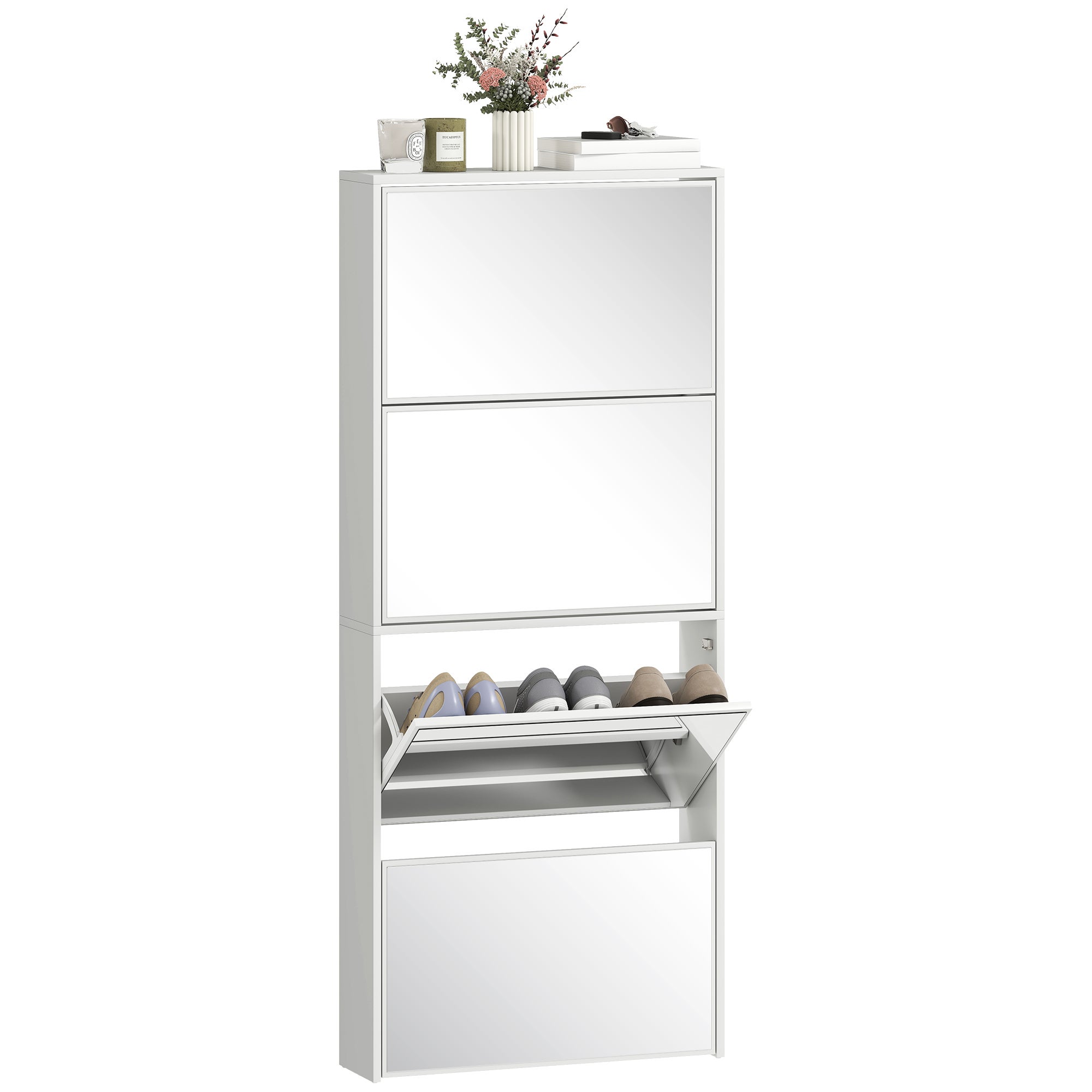 Wąska szafka na buty z lustrem i 4 drzwiami na zawiasach na 12 par butów, 63 x 17 x 146 cm, biała