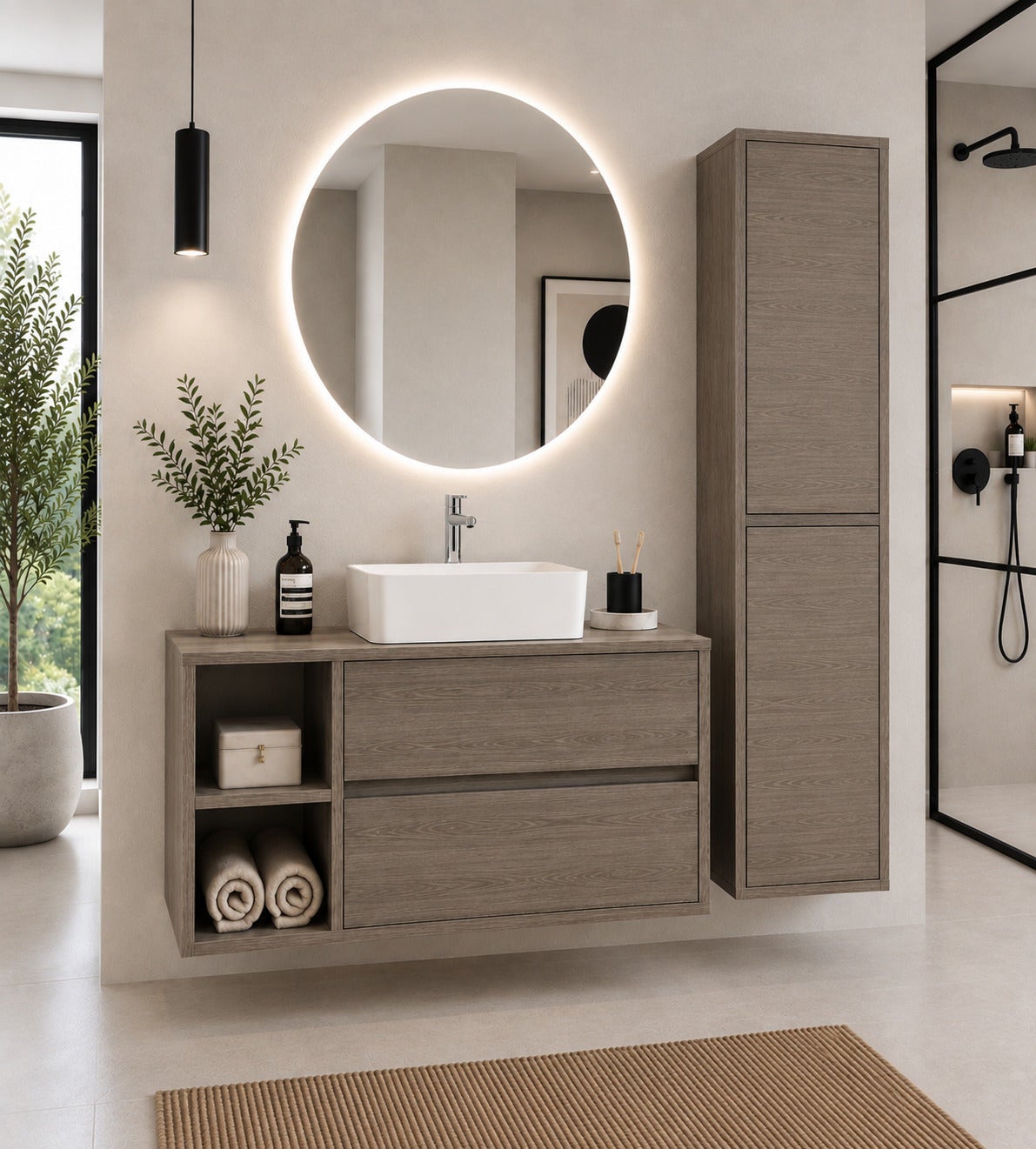 Szafka łazienkowa z drewnianym blatem i umywalką nablatową ORIGENBATH ZEUS bez lustra 120x45 cm 1 umywalka Lewa strona dąb smoky z kolumną