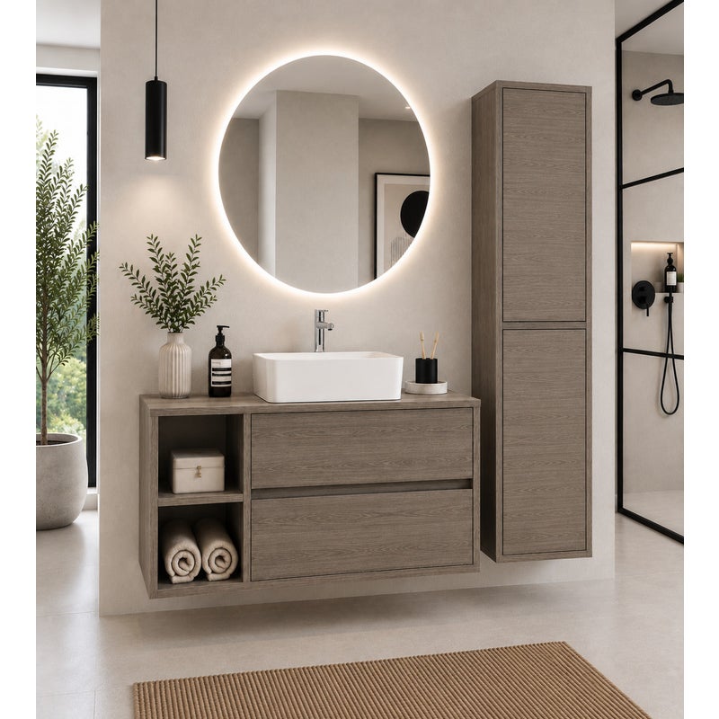Szafka łazienkowa z drewnianym blatem i umywalką nablatową ORIGENBATH ZEUS bez lustra 120x45 cm 1 umywalka Lewa strona dąb smoky z kolumną