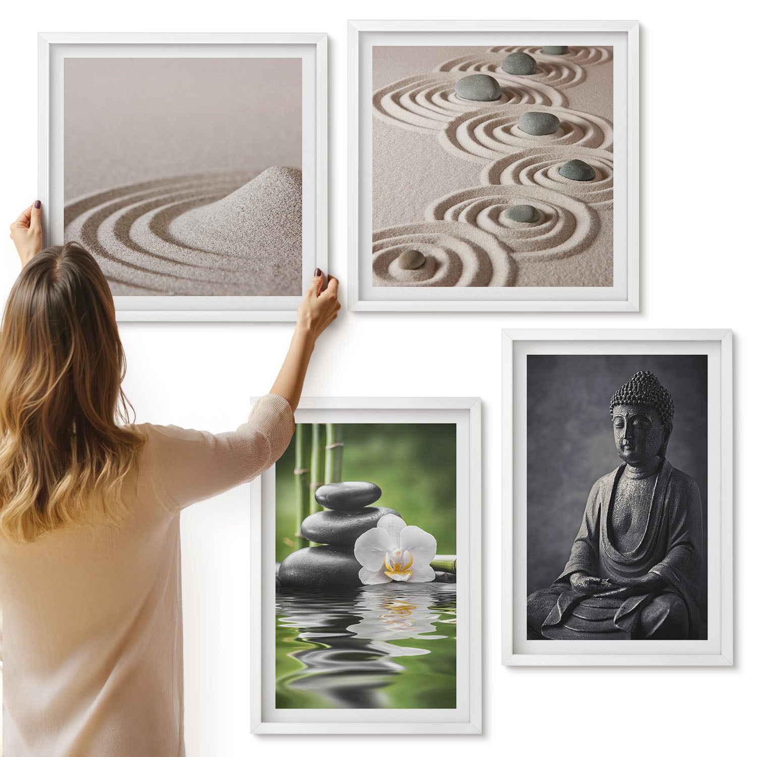 Galeria ścienna 4-częściowy komplet obrazów w białych ramach - Relaksujące widok Budda kamienie na plaży i bambus - ArtPrintCave