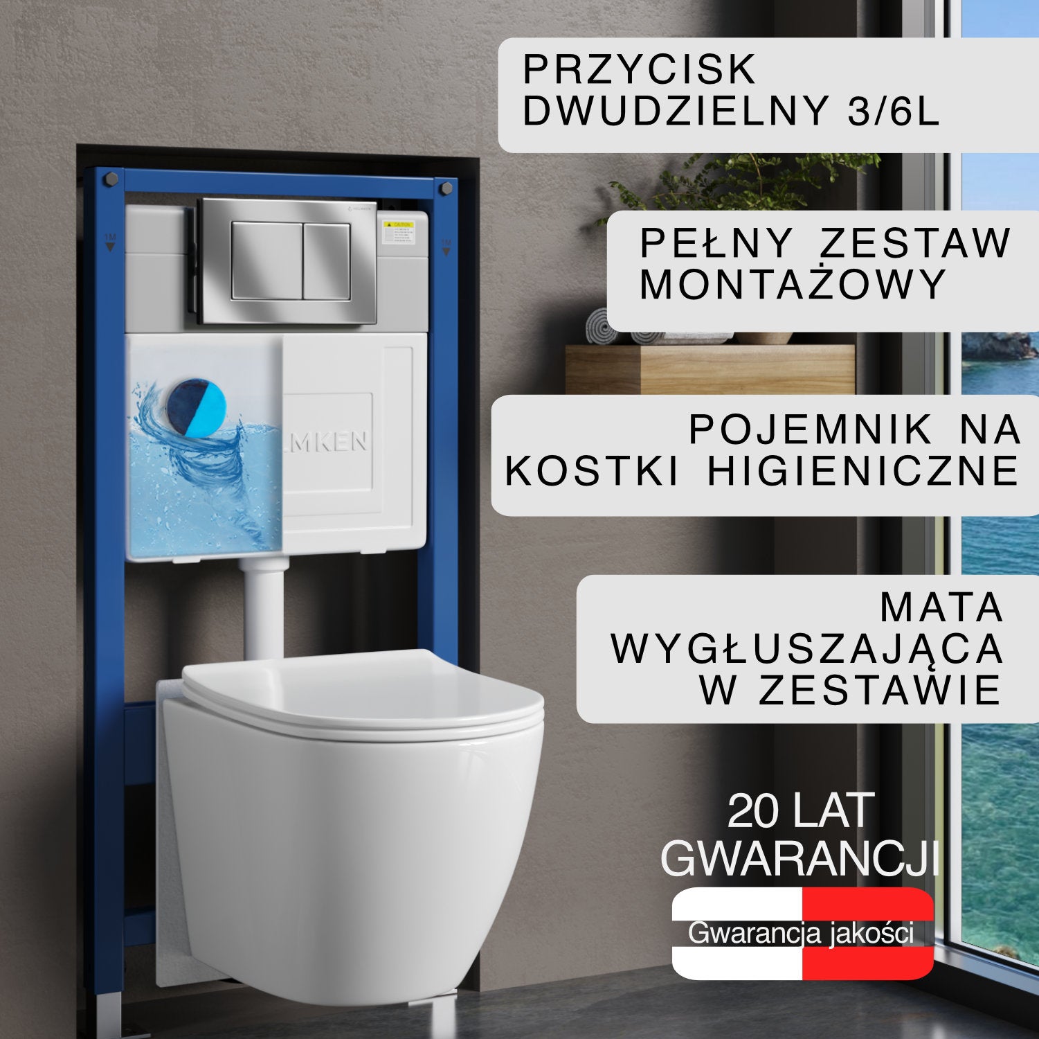 Stelaż podtynkowy WC Helmken 35490101 Zestaw 6w1: Przycisk Chrom (J), Miska bezkołnierzowa Rimless, Deska wolnoopadająca, Pojemnik na kostki, Mata