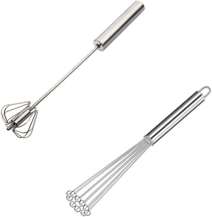 Zestaw 2 trzepaczek do jajek, półautomatyczna wielofunkcyjna trzepaczka ręczna ze stali nierdzewnej, spieniacz do mleka, mieszadło obrotowe (26 cm)