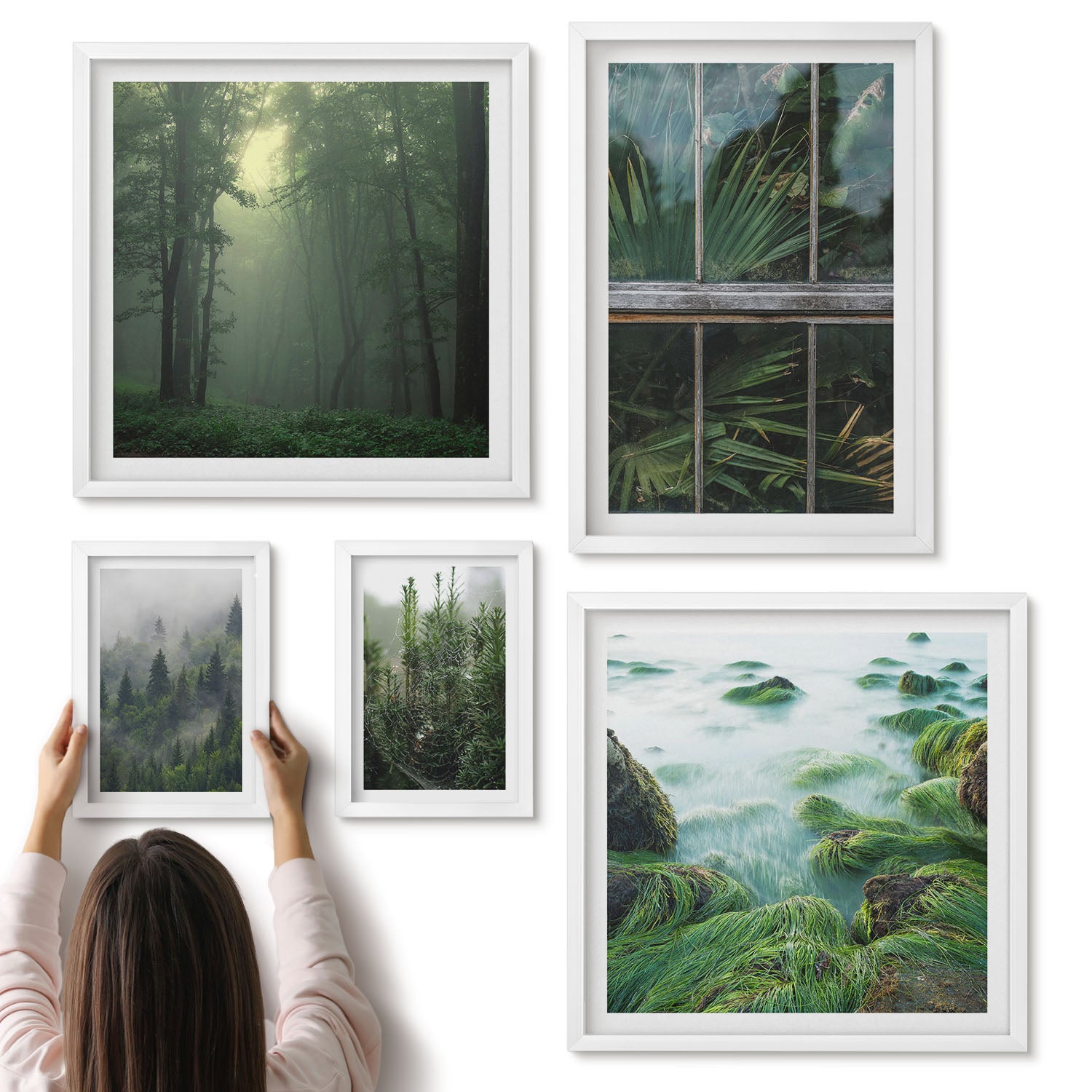 Galeria ścienna 5-częściowy komplet obrazów w białych ramach - Zielone pejzaże z lasami i roślinnością naturalną - ArtPrintCave